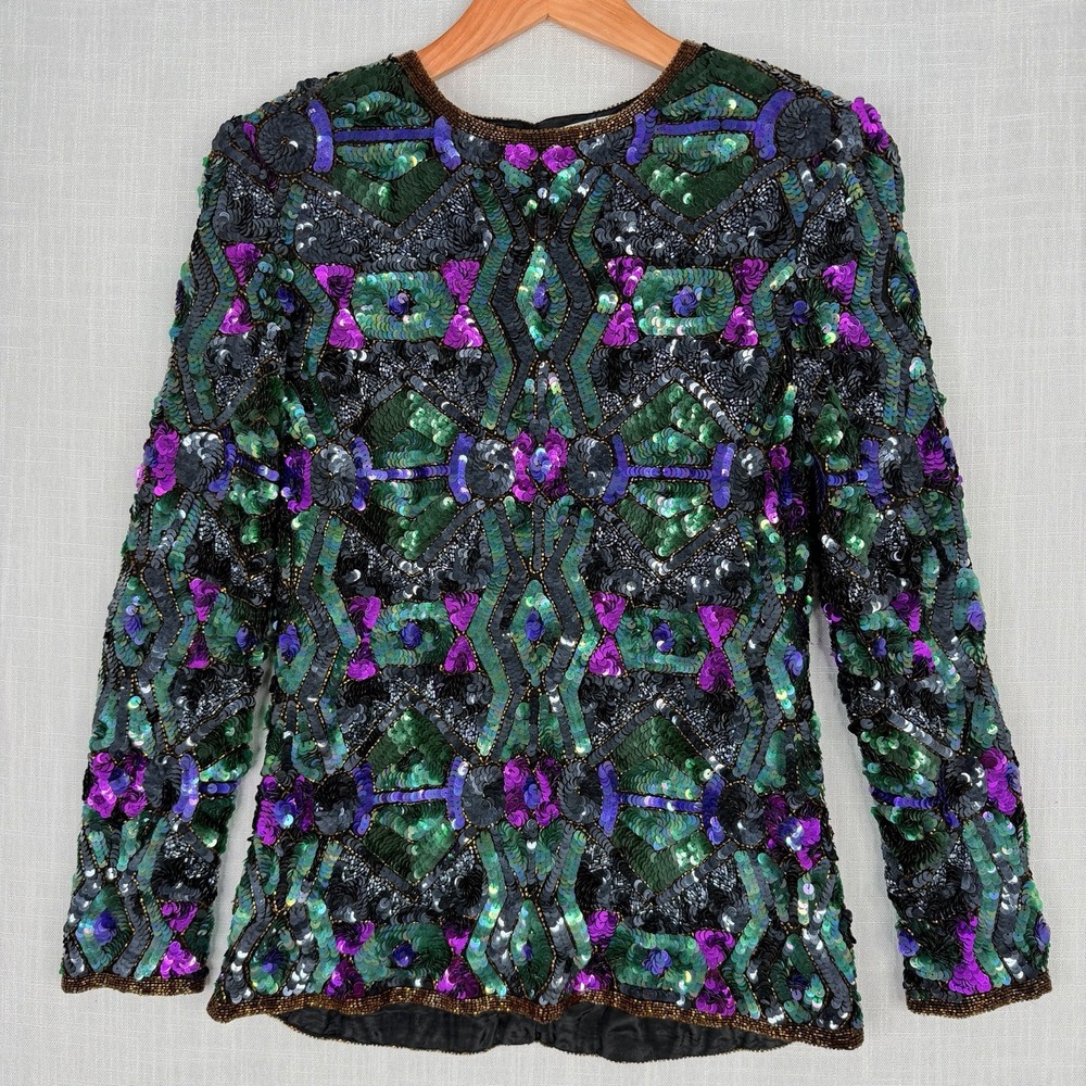 Vintage Joan Leslie Evenings for Talbots Sequin Silk Top Art Deco Diamond PM